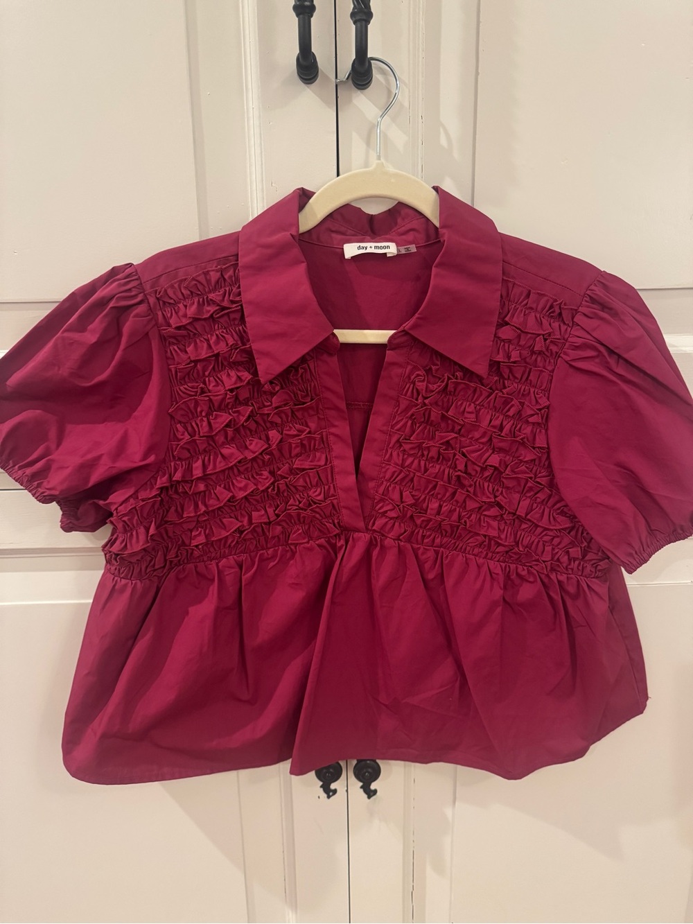 day + moon Burgundy Smocked Short-Sleeve Blouse